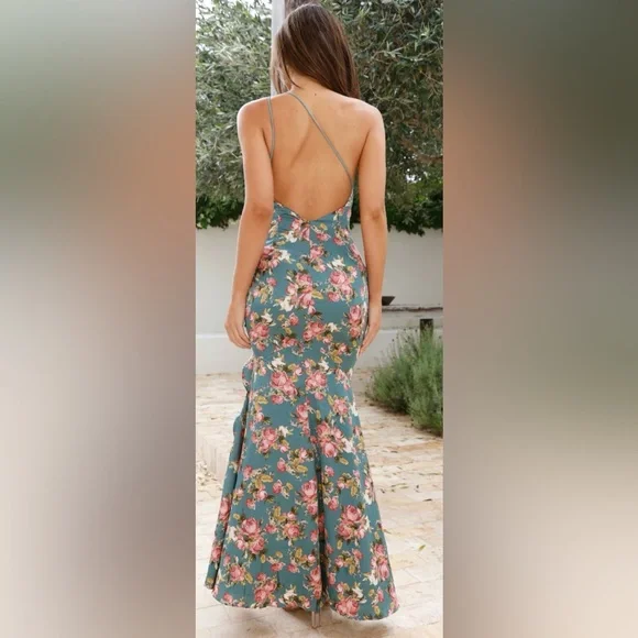 HELLO MOLLY ONE SHOULDER SATIN MAXI DRESS GREEN W PINK FLORAL SIZE XSMALL NWT - Picture 8 of 17